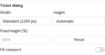 Ticket dialog settings for width, height, Fill viewport, and Reset.
