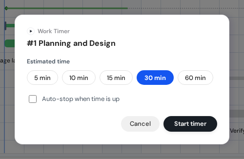 Work timer start dialog and target options.